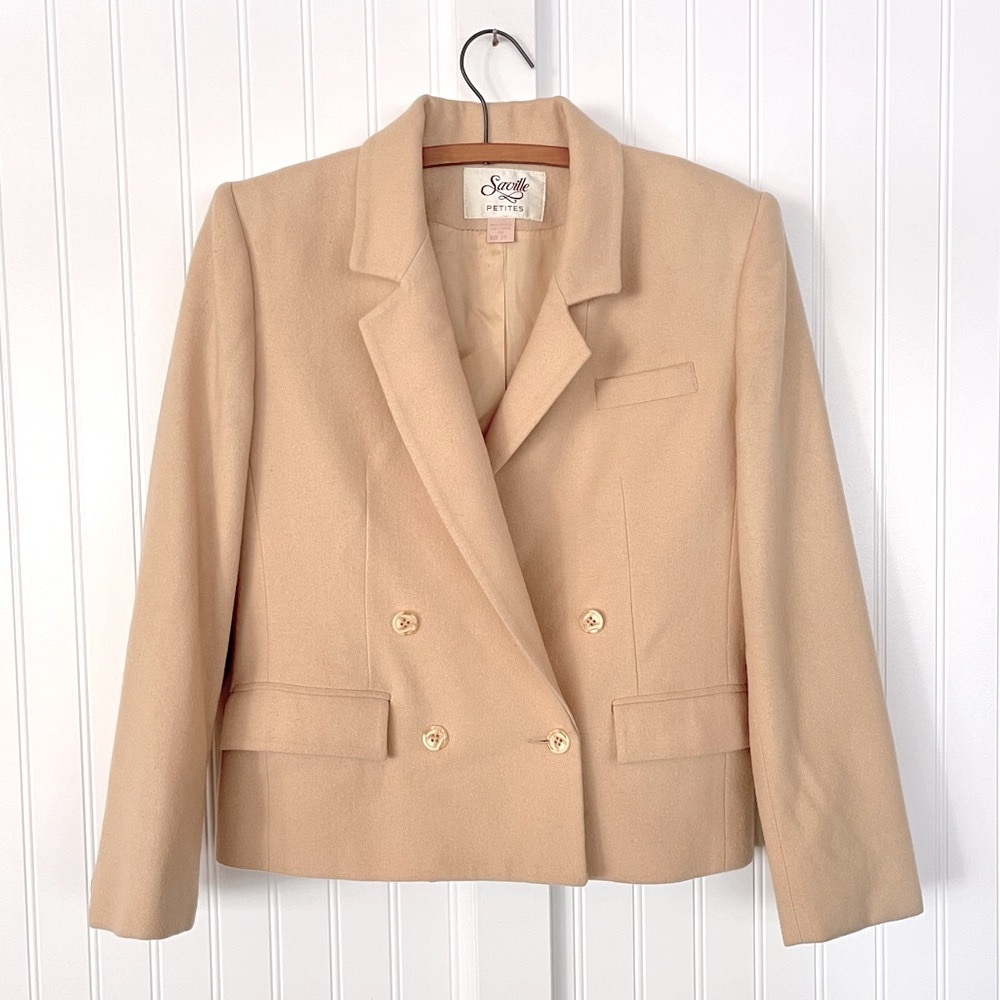 Vintage Cream Wool Cropped Blazer Double Breasted Saville Petite Size 10